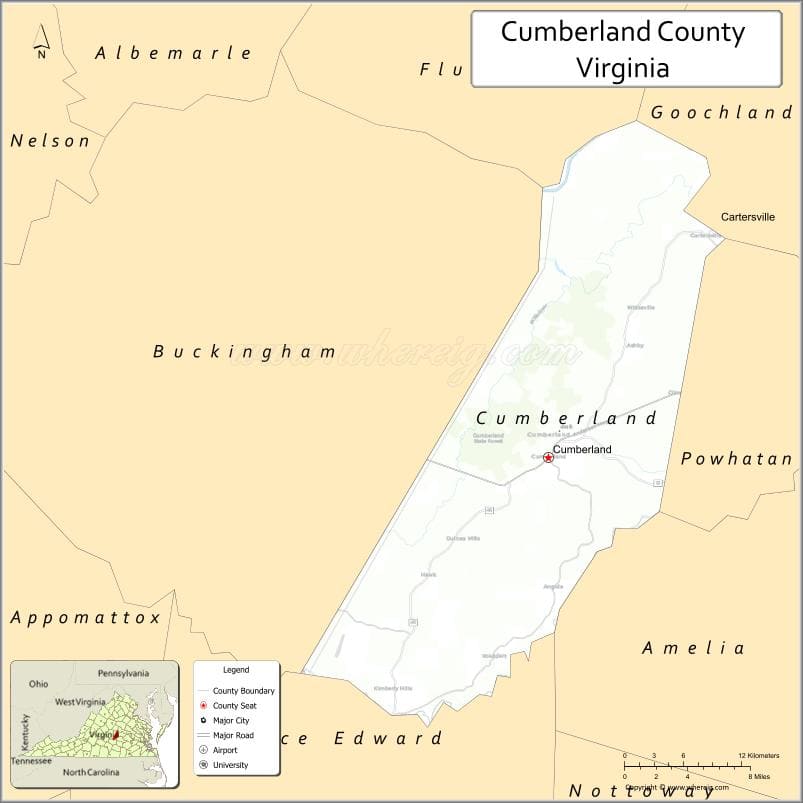 Cumberland County Map, Virginia, USA