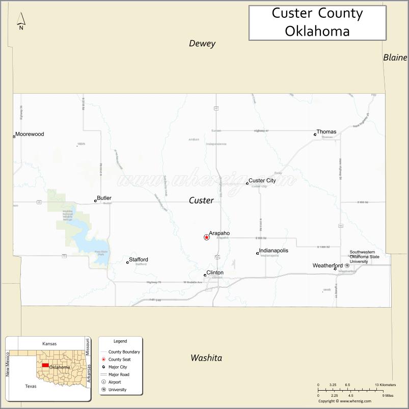 Map of Custer County, Oklahoma