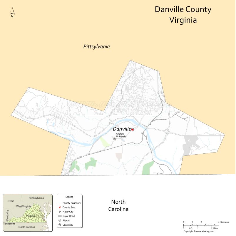 Danville County Map, Virginia, USA