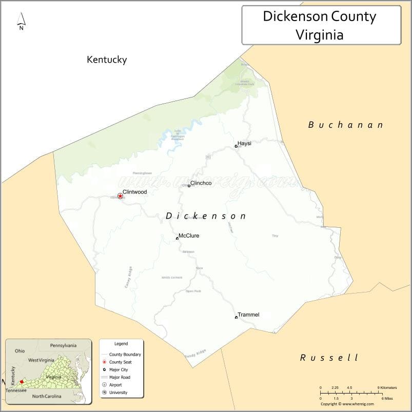 Dickenson County Map, Virginia, USA