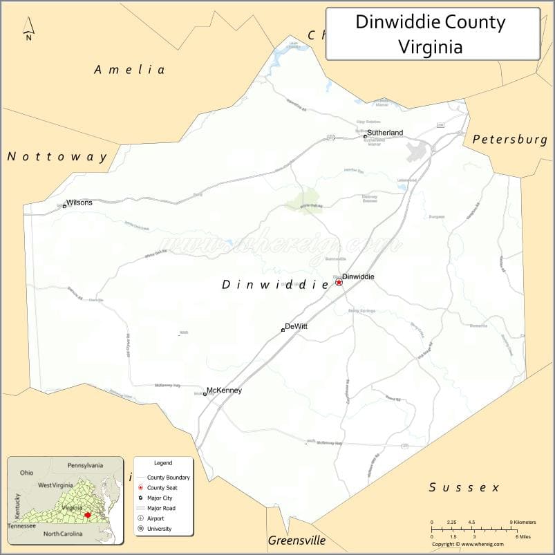 Dinwiddie County Map, Virginia, USA