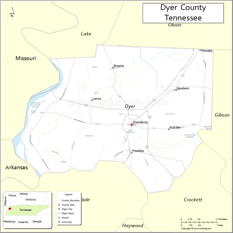 Map of Dyer County, Tennessee