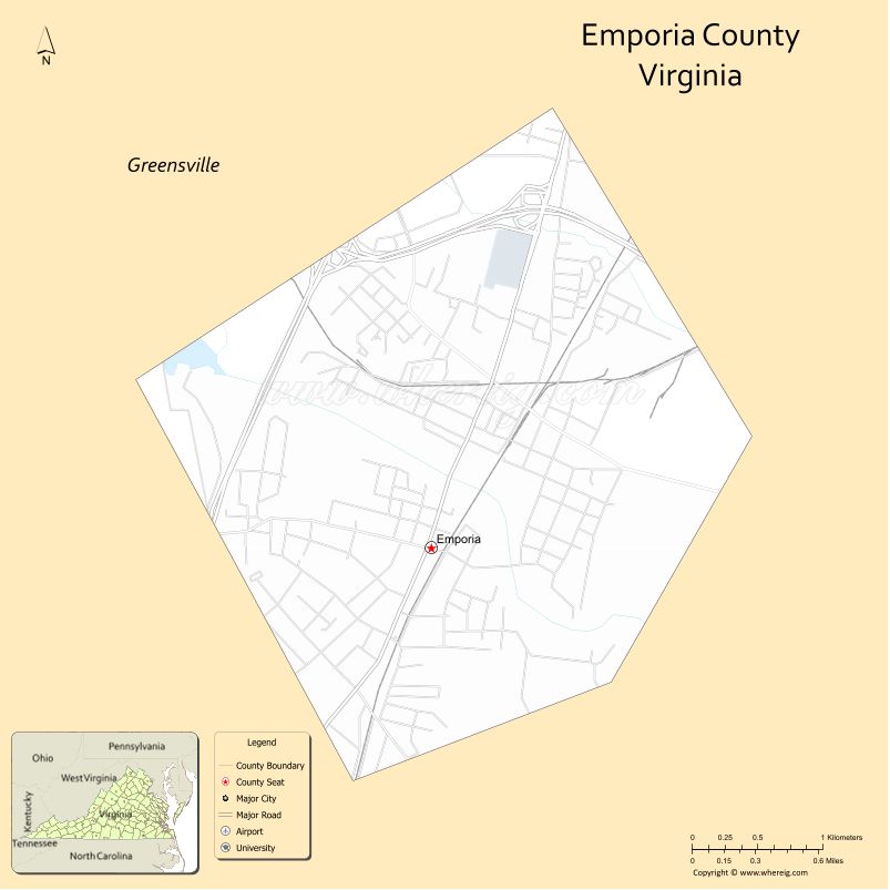Emporia County Map, Virginia, USA