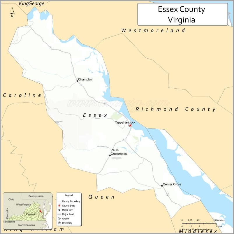 Essex County Map, Virginia, USA