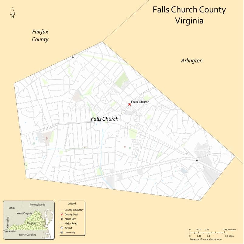 Falls Church County Map, Virginia, USA