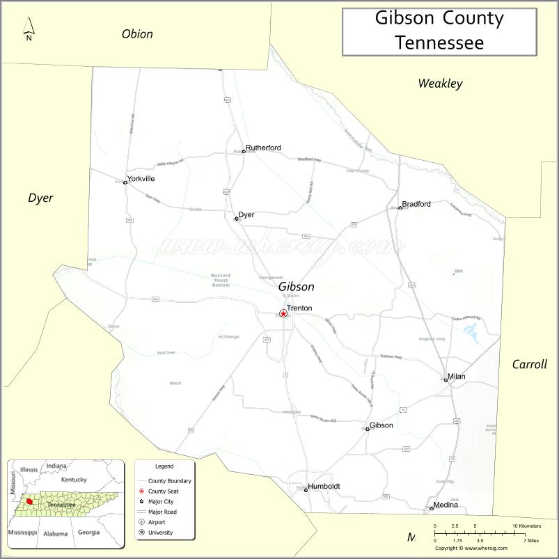 Map of Gibson County, Tennessee