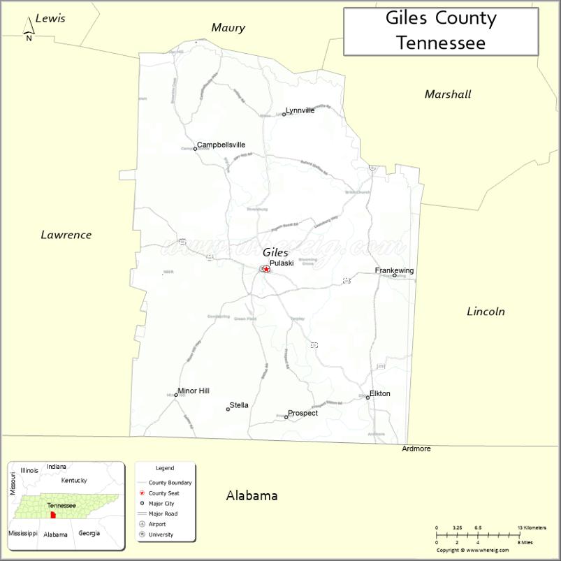 Map of Giles County, Tennessee