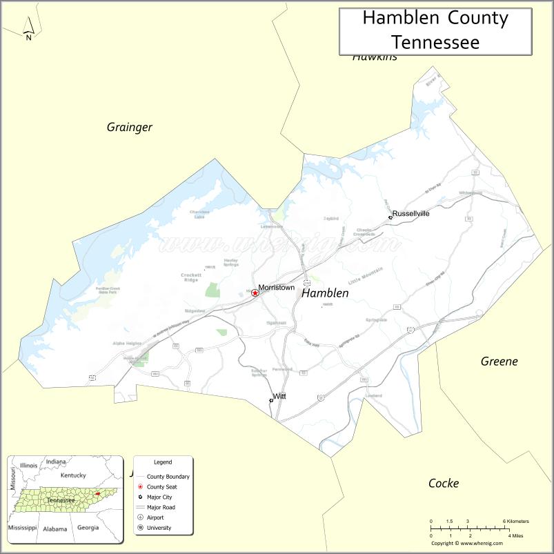 Map of Hamblen County, Tennessee