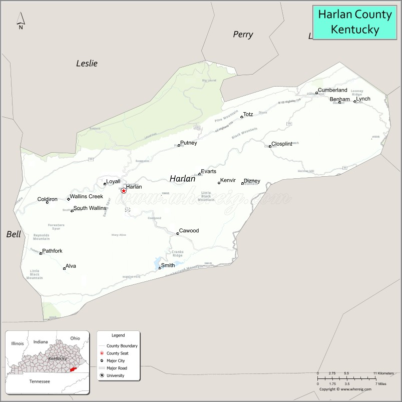 Map of Harlan County, Kentucky