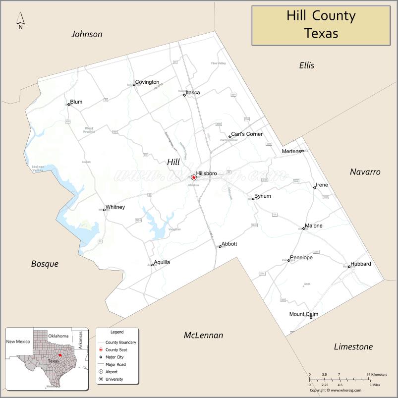 Map of Hill County, Texas