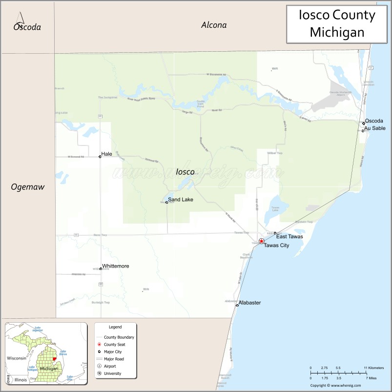 Map of Iosco County, Michigan