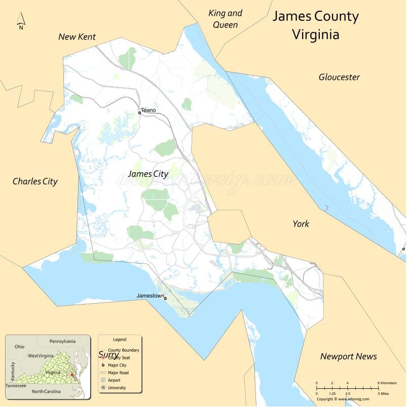 James City County Map, Virginia, USA