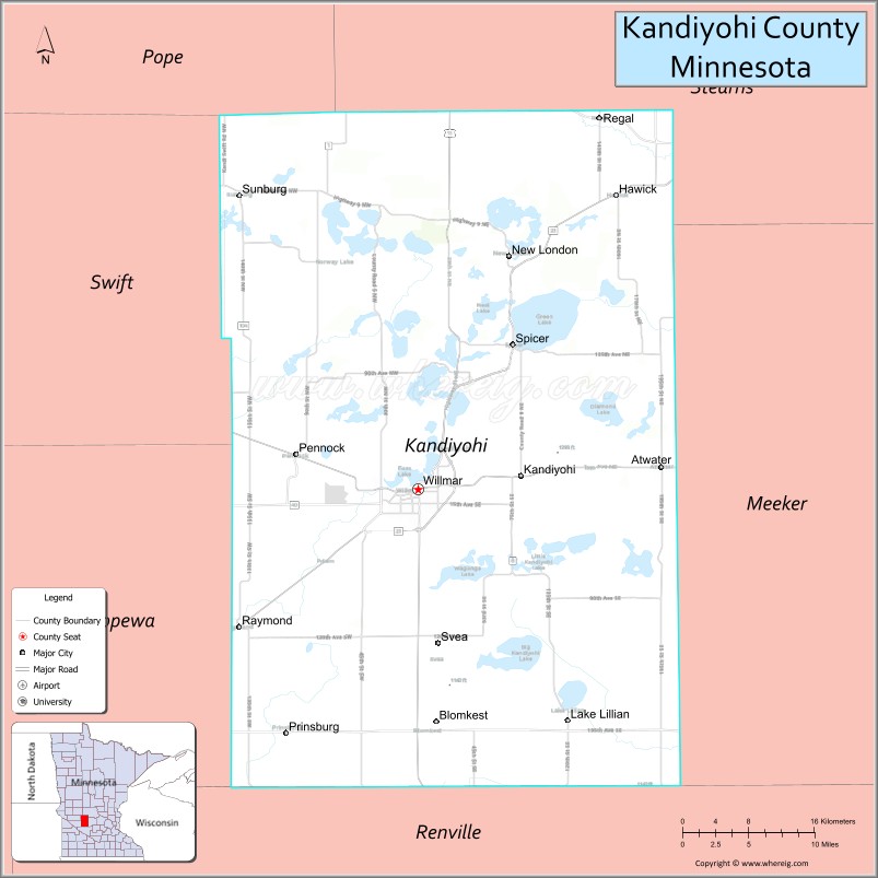 Map of Kandiyohi County, Minnesota