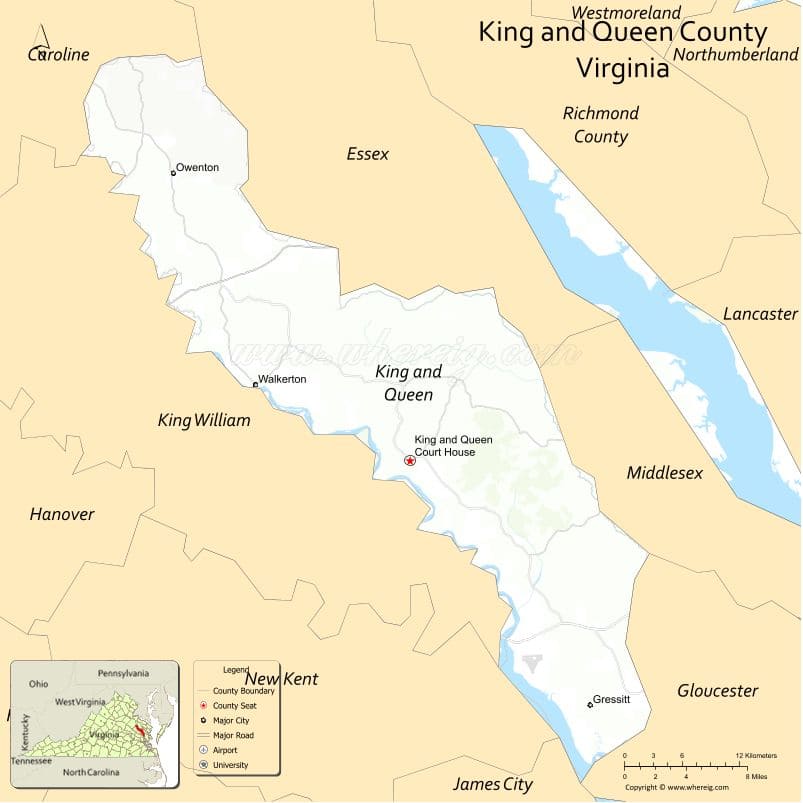 King and Queen County Map, Virginia, USA