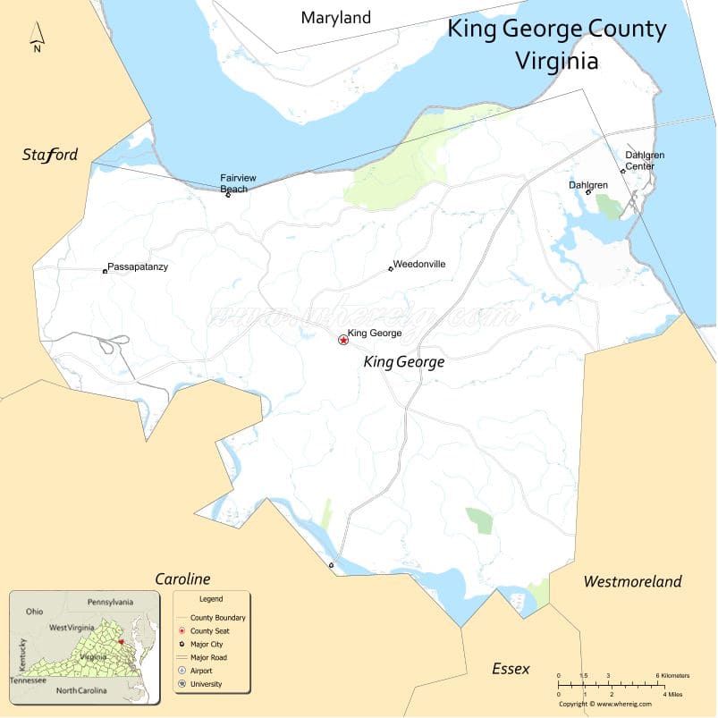 King George County Map, Virginia, USA