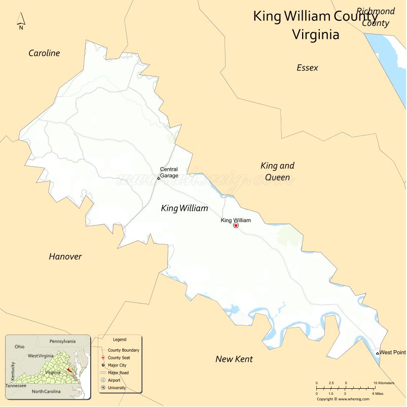 King William County Map, Virginia, USA