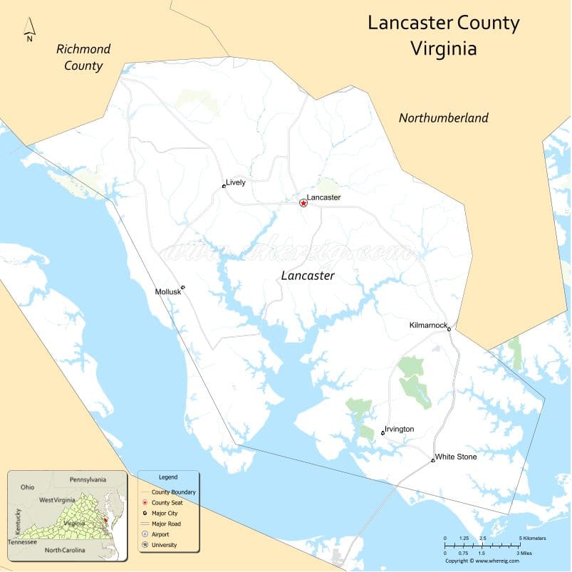 Lancaster County Map, Virginia, USA