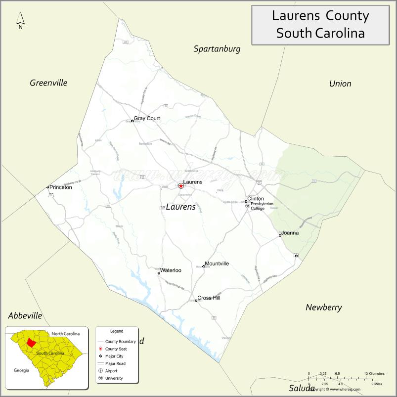 Map of Laurens County, South Carolina