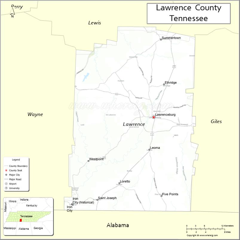 Map of Lawrence County, Tennessee