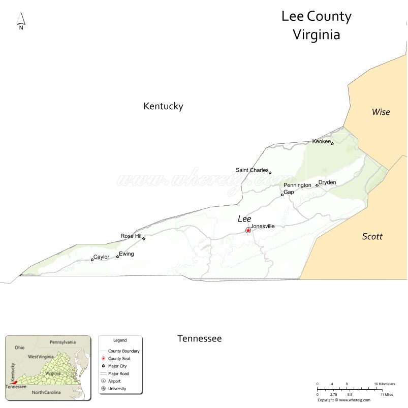 Lee County Map, Virginia, USA