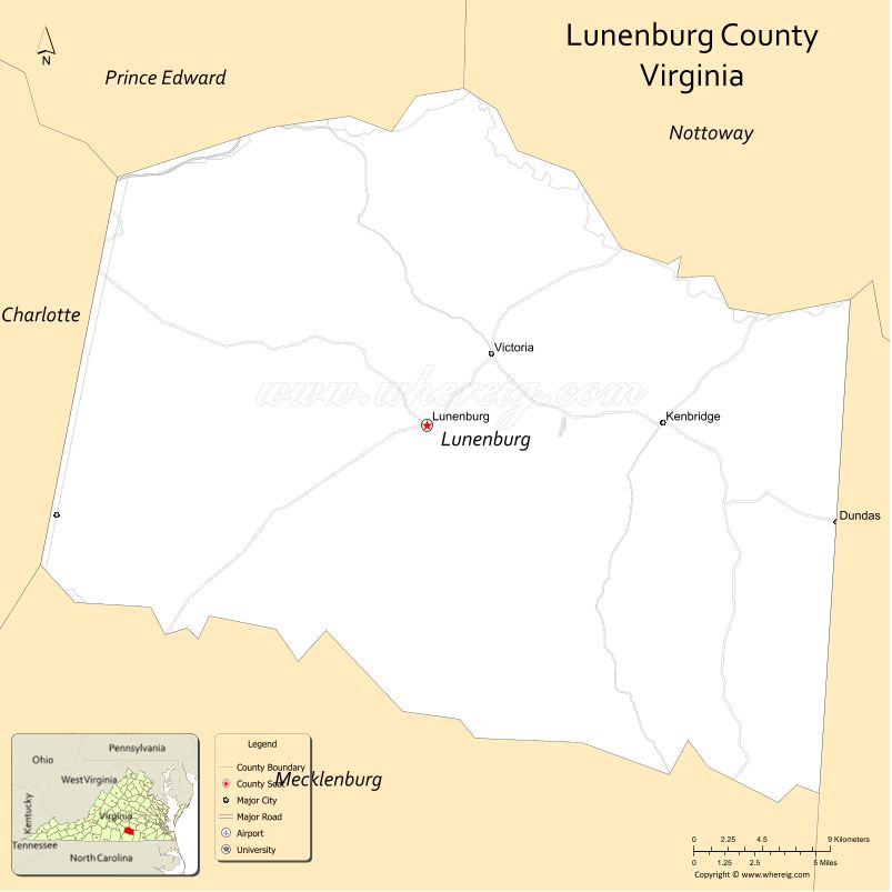 Lunenburg County Map, Virginia, USA