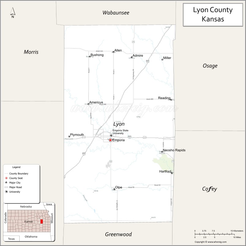 Map of Lyon County, Kansas