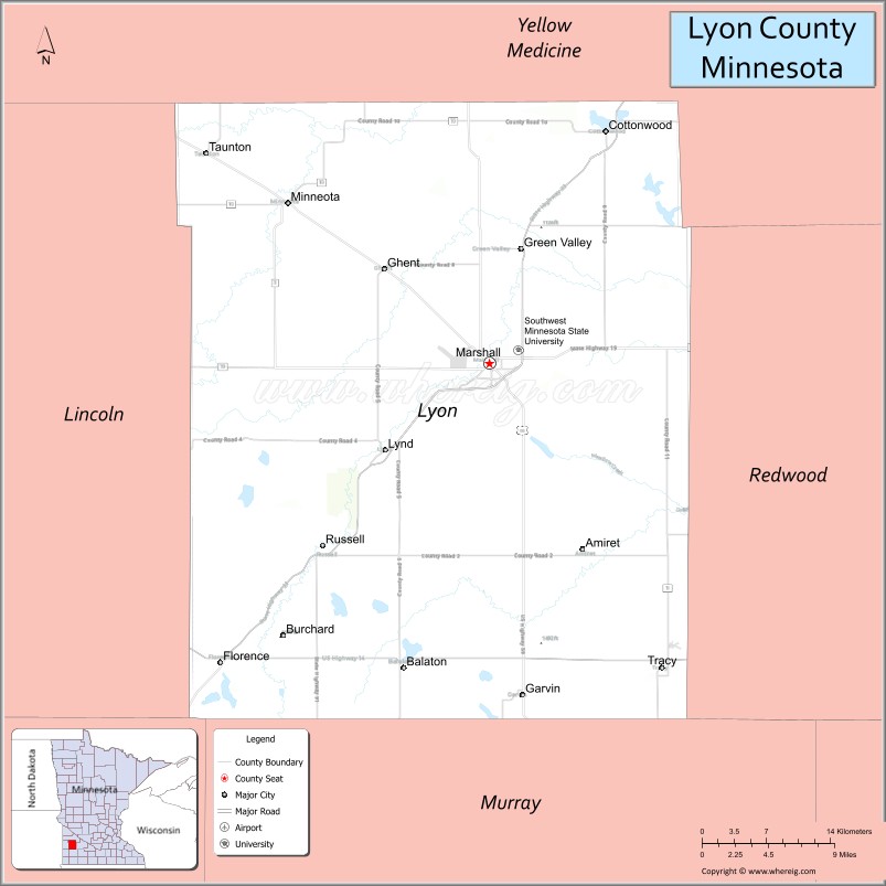 Map of Lyon County, Minnesota