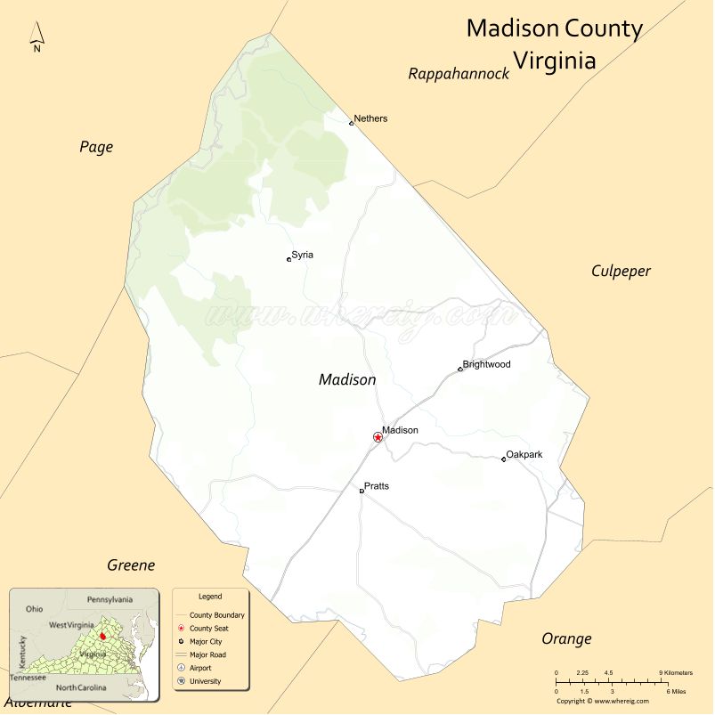 Madison County Map, Virginia, USA