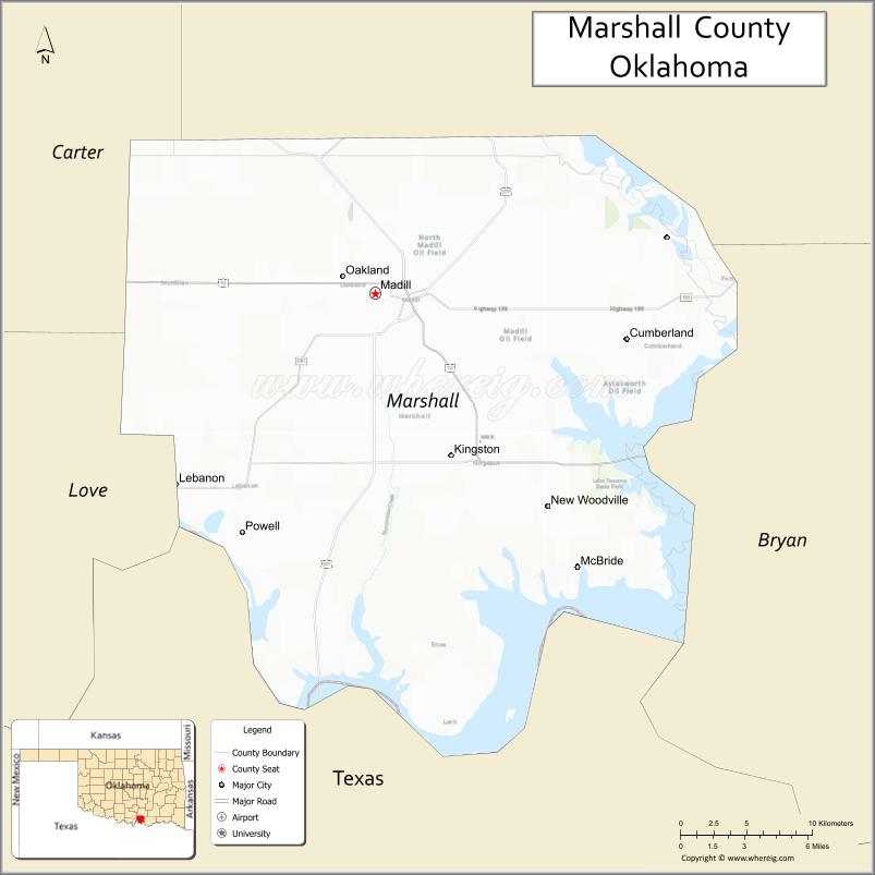 Map of Marshall County, Oklahoma