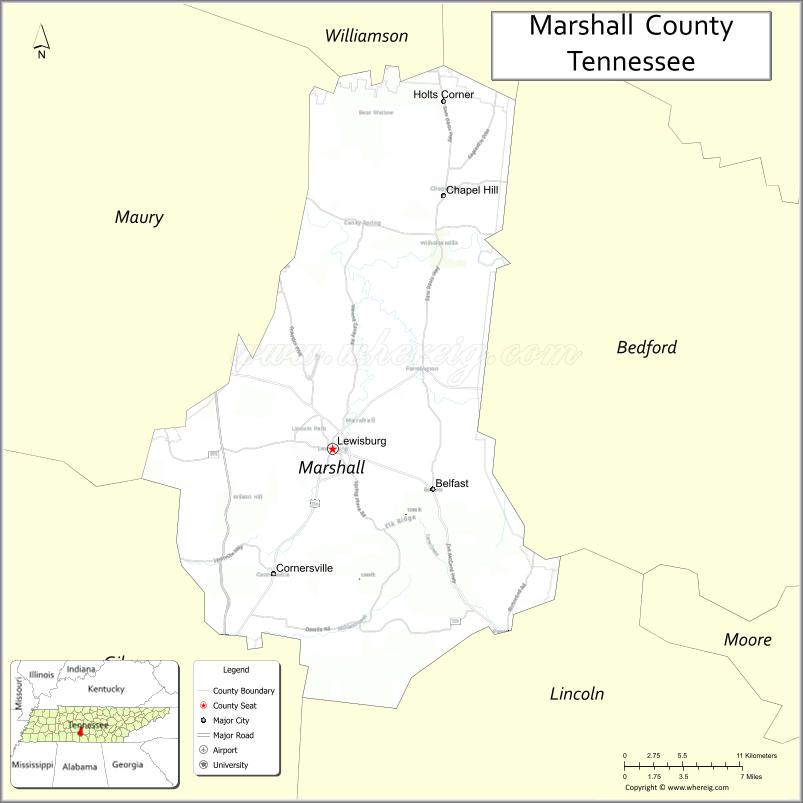 Map of Marshall County, Tennessee