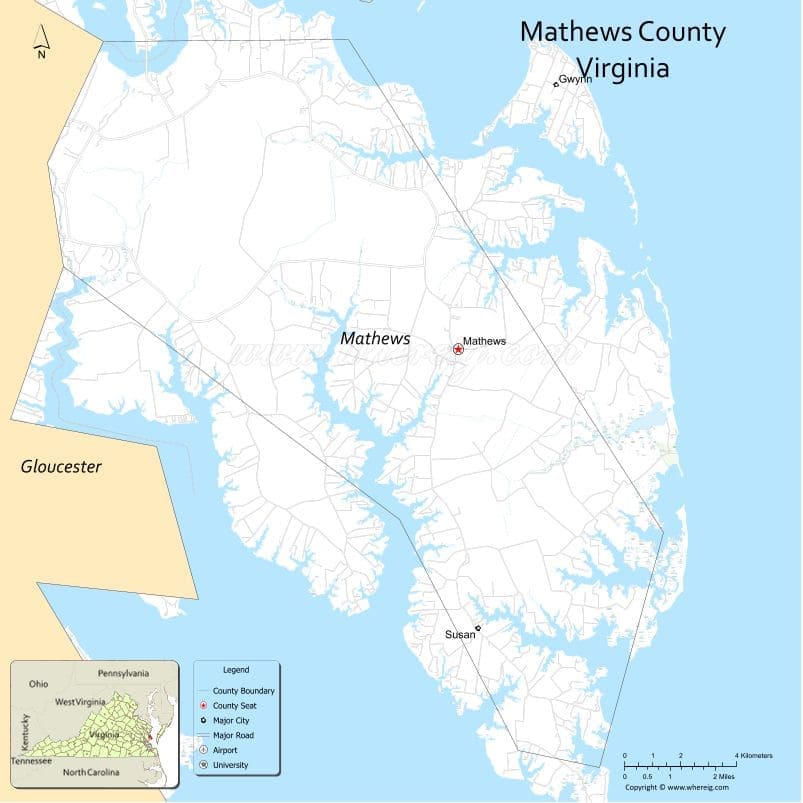Mathews County Map, Virginia, USA