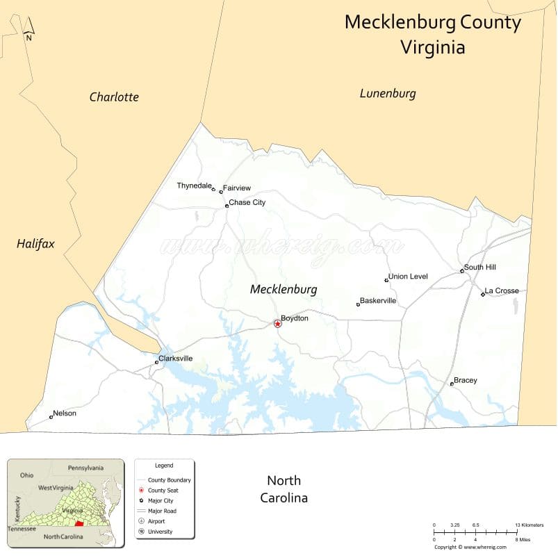 Mecklenburg County Map, Virginia, USA
