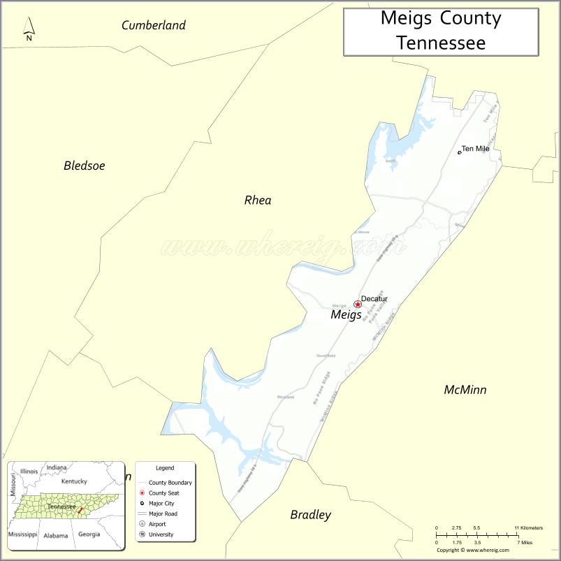 Map of Meigs County, Tennessee