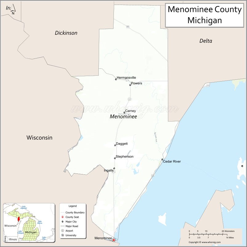 Map of Menominee County, Michigan