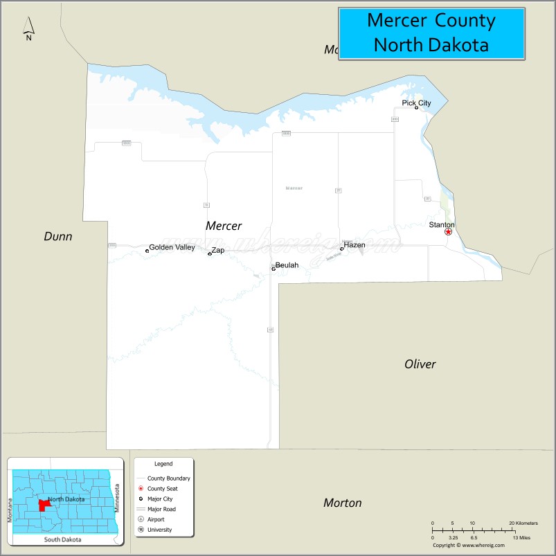 Map of Mercer County, North Dakota