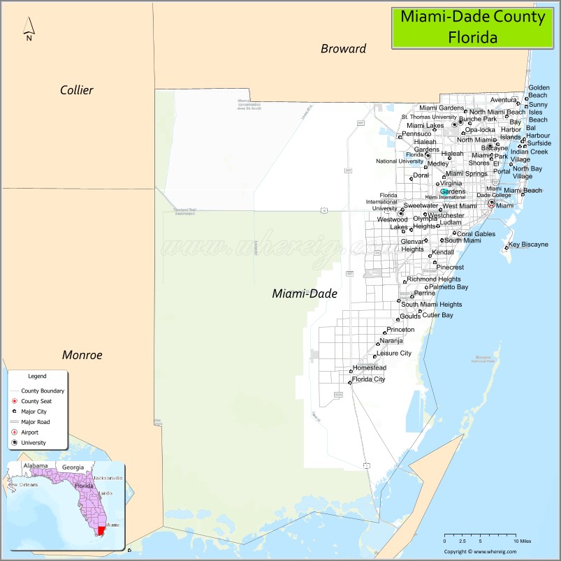 Map of Miami-Dade County, Florida - Where is Located, Cities, Population,  Highways & Facts
