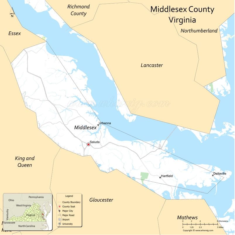 Middlesex County Map, Virginia, USA