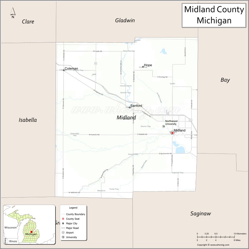 Map of Midland County, Michigan