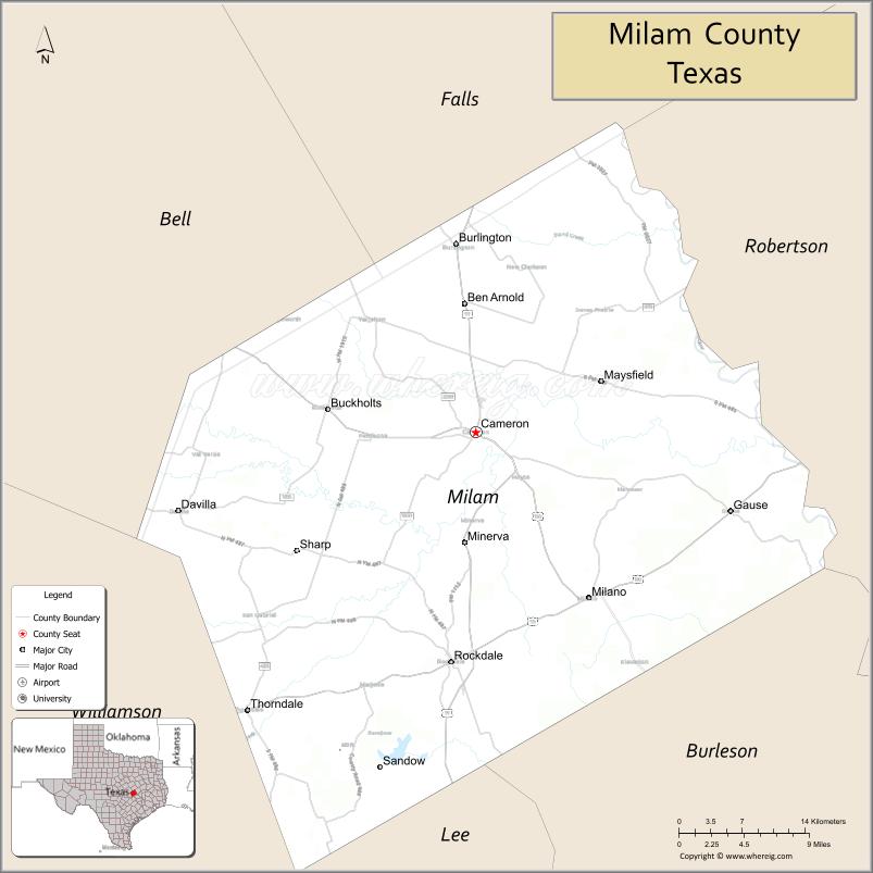 Map of Milam County, Texas