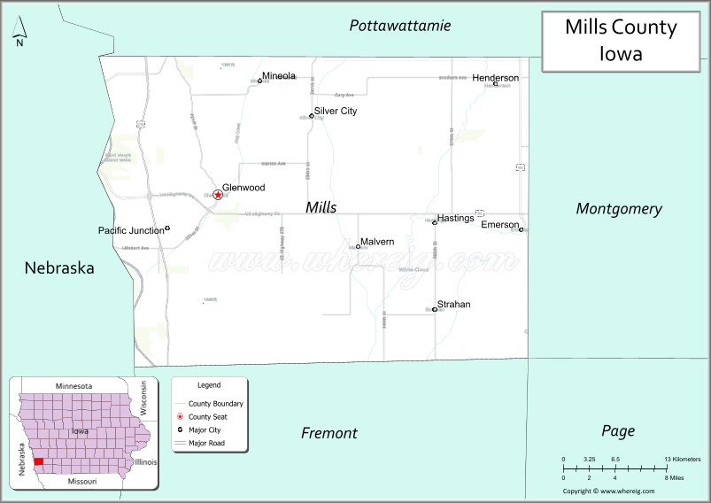 Map of Mills County, Iowa