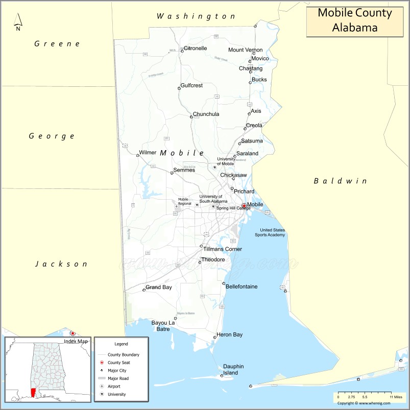 Mobile County Map , Alabama, USA