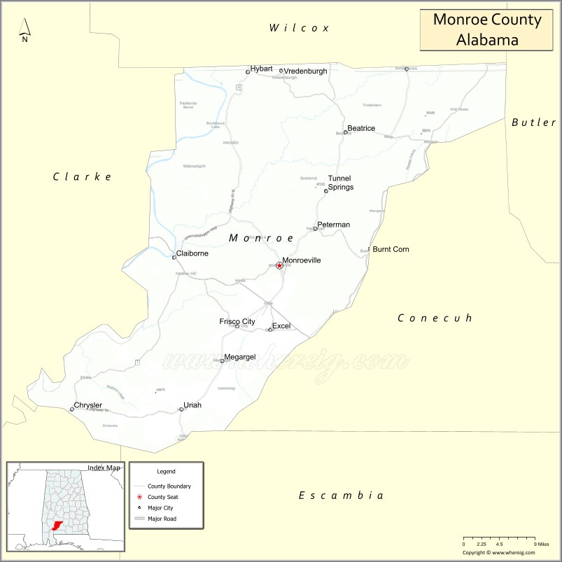 Map of Monroe County, Alabama