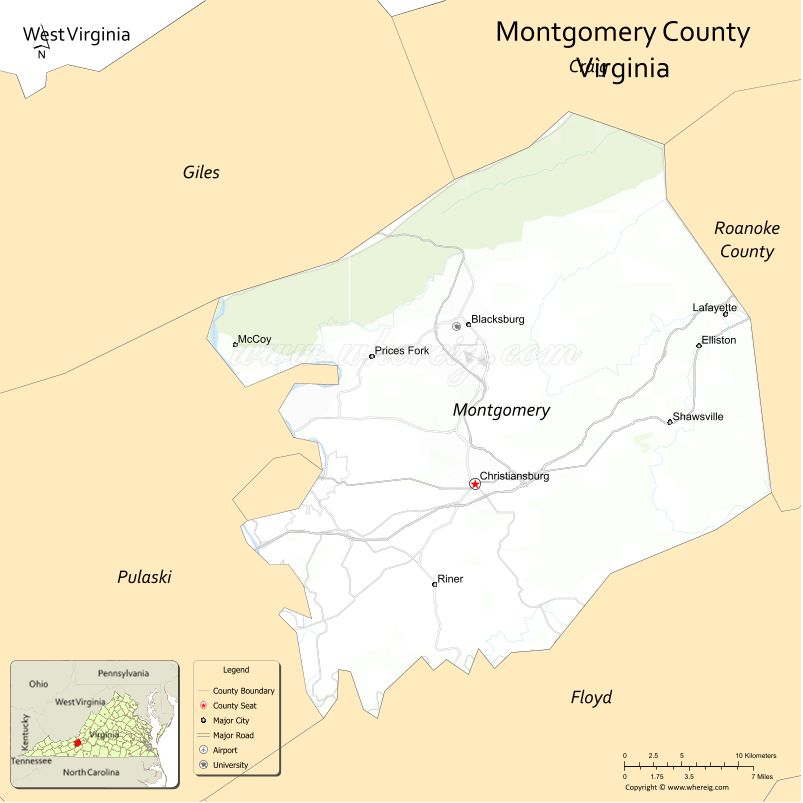 Montgomery County Map, Virginia, USA