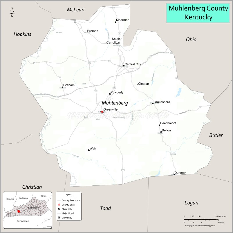 Map of Muhlenberg County, Kentucky