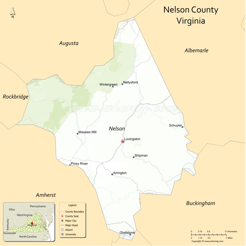 Nelson County Map, Virginia, USA