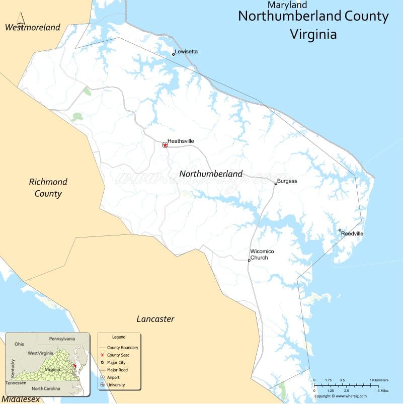 Northumberland County Map, Virginia, USA