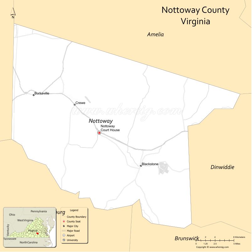 Nottoway County Map, Virginia, USA