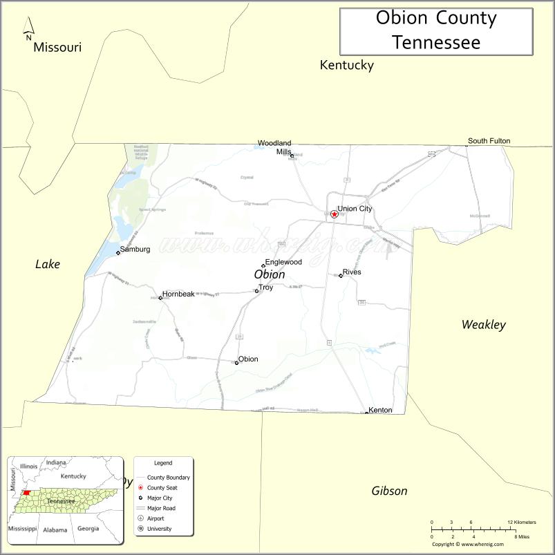 Map of Obion County, Tennessee