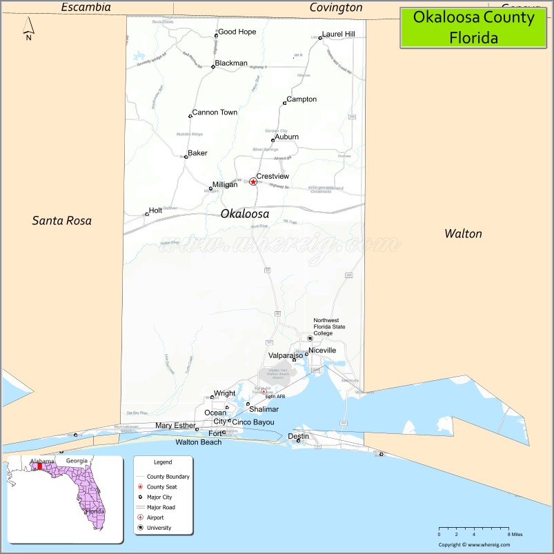 Map of Okaloosa County, Florida