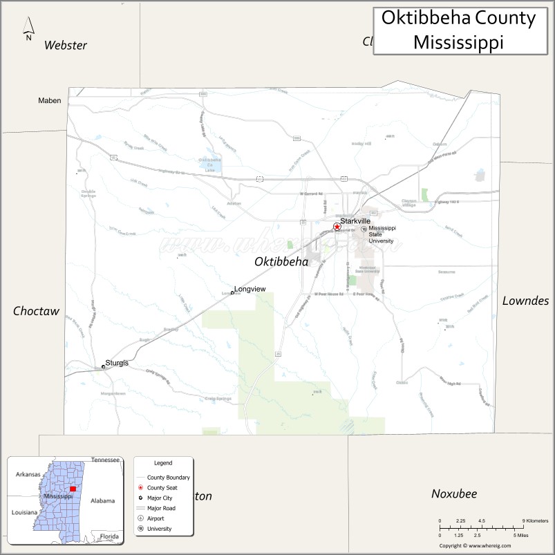 Map of Oktibbeha County, Mississippi